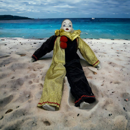 Madame Verte Large Musical Clown Pierrot Harlequin Doll Porcelain Sankyo 18”