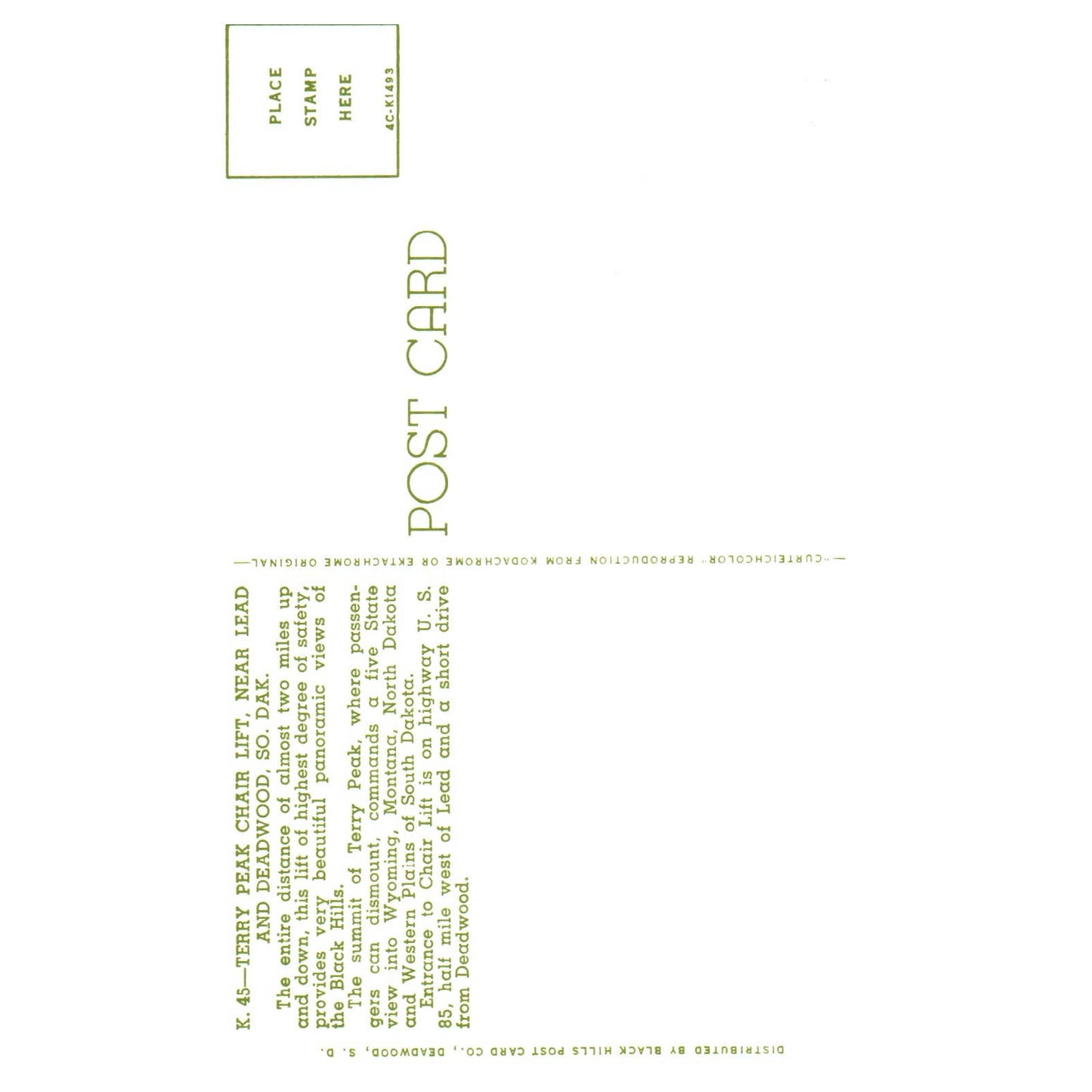 Vintage Postcard Terry Peak Chair Lift Near Lead and Deadwood South Dakota TJ7-1