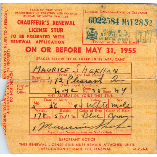 19555 Chauffeur's Renewal License Stub Maurice Sheehan New York SE5