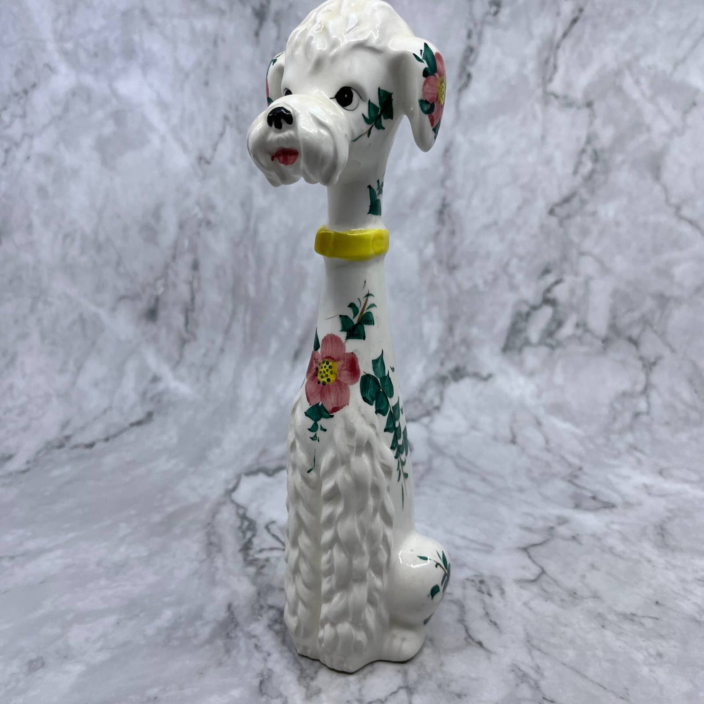 Vintage MCM Lefton Hand Painted White Poodle Dog Long Neck Yellow Collar 9" TI9