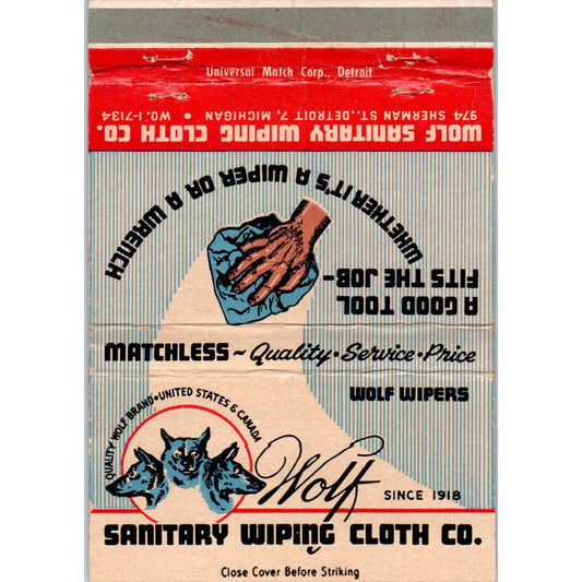 Wolf Sanitary Wiping Cloth Co Advertising Matchbook Cover SA1-M5