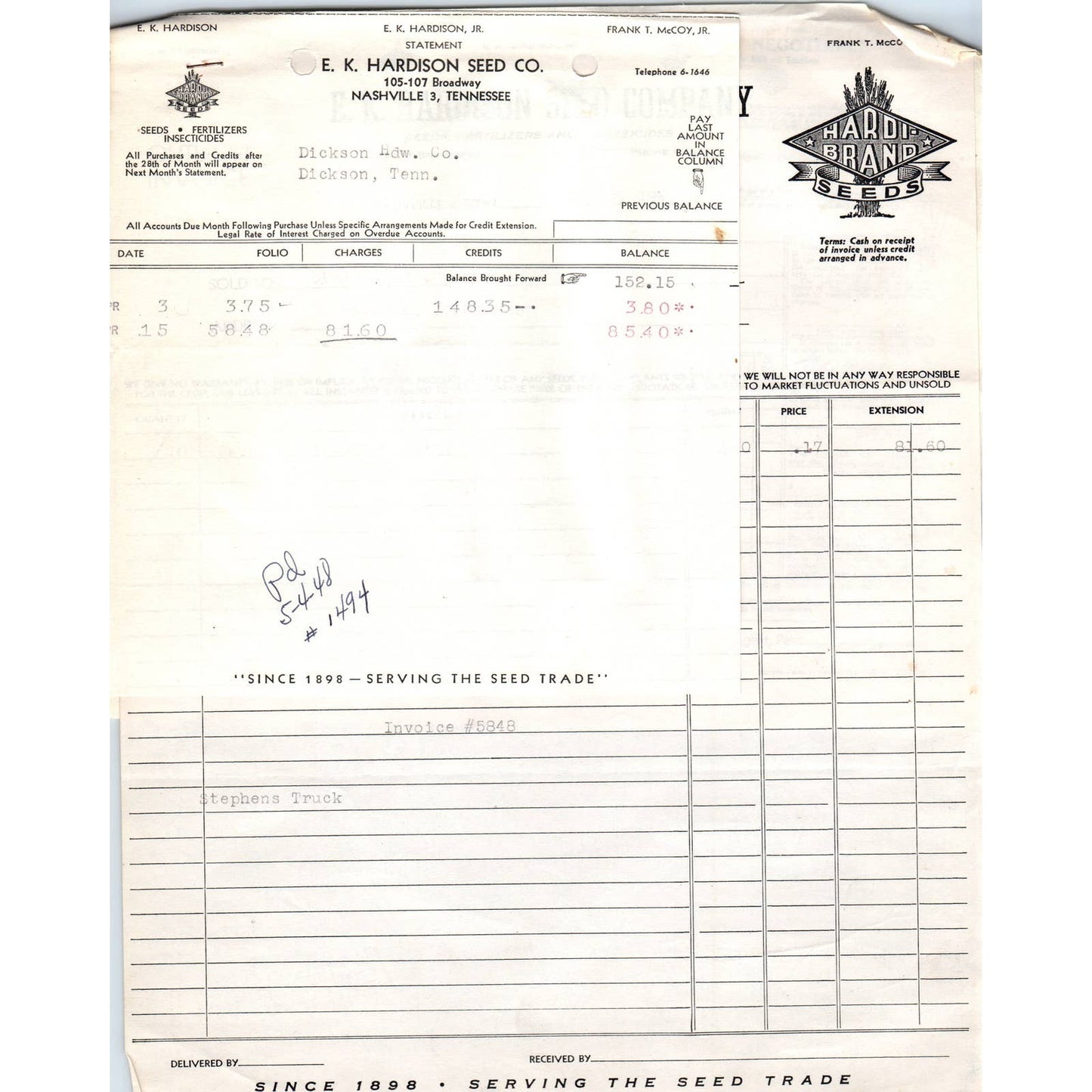1948 E.K. Hardison Seed Co Billhead Set Nashville TN AD5-4