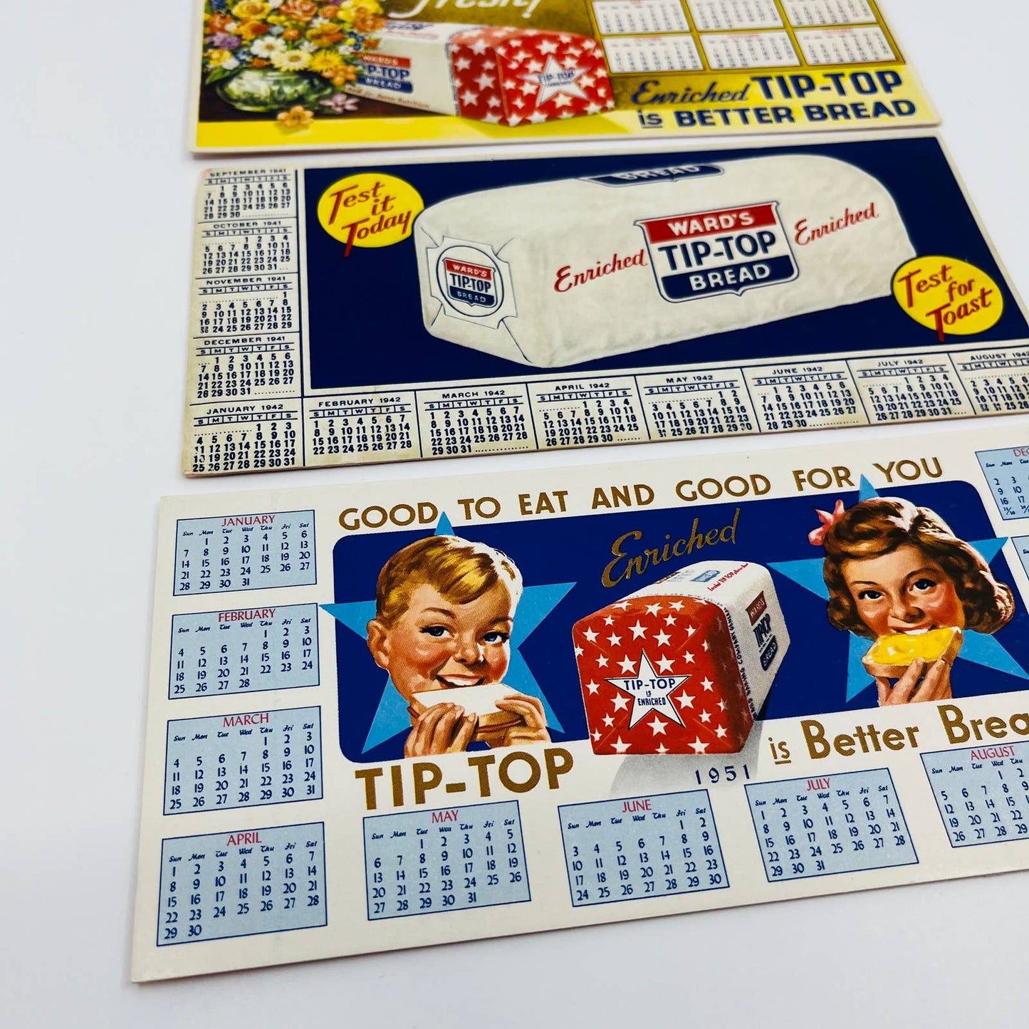 1942, 48, 51 Advertising Blotter Card Wards Tip Top Bread Calendar Set of 3 SC1