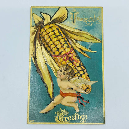 1910s Thanksgiving Post Card Corn Cob Cherub Mica Dresden Gilt Embossed PA3