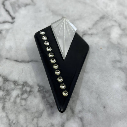 Art Deco Black Acrylic Triangle Brooch Pin w Inlaid Rhinestones 3" SE7