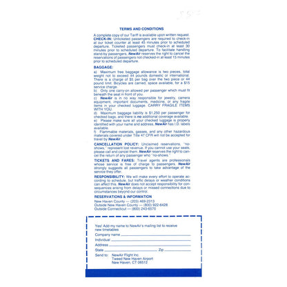 1984 New Air Airline System Timetable Atlantic City, Bridgeport Service SE4