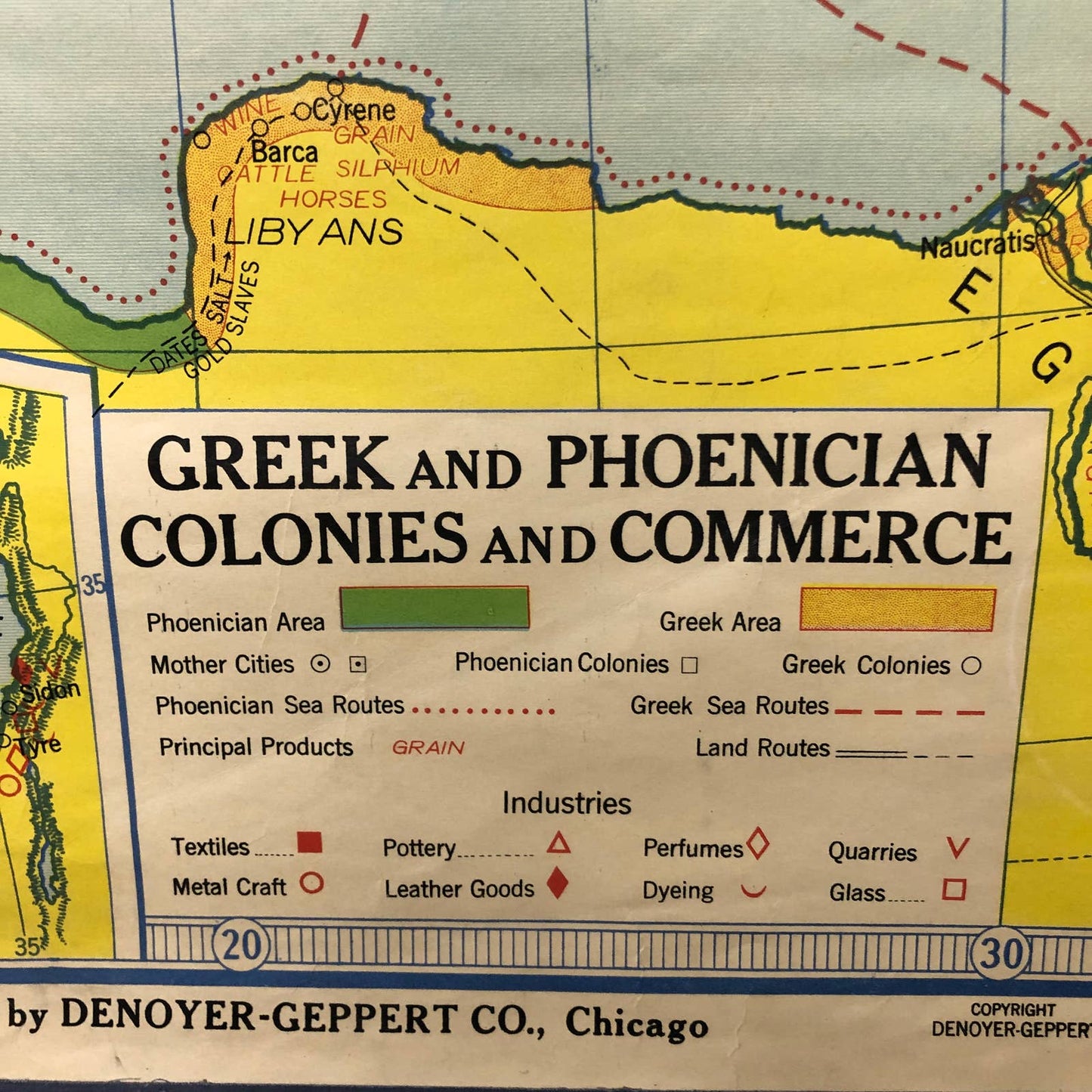 LARGE 1957 Denoyer-Geppert Co. Wall Map Ancient Greek and Phoenician Colonies