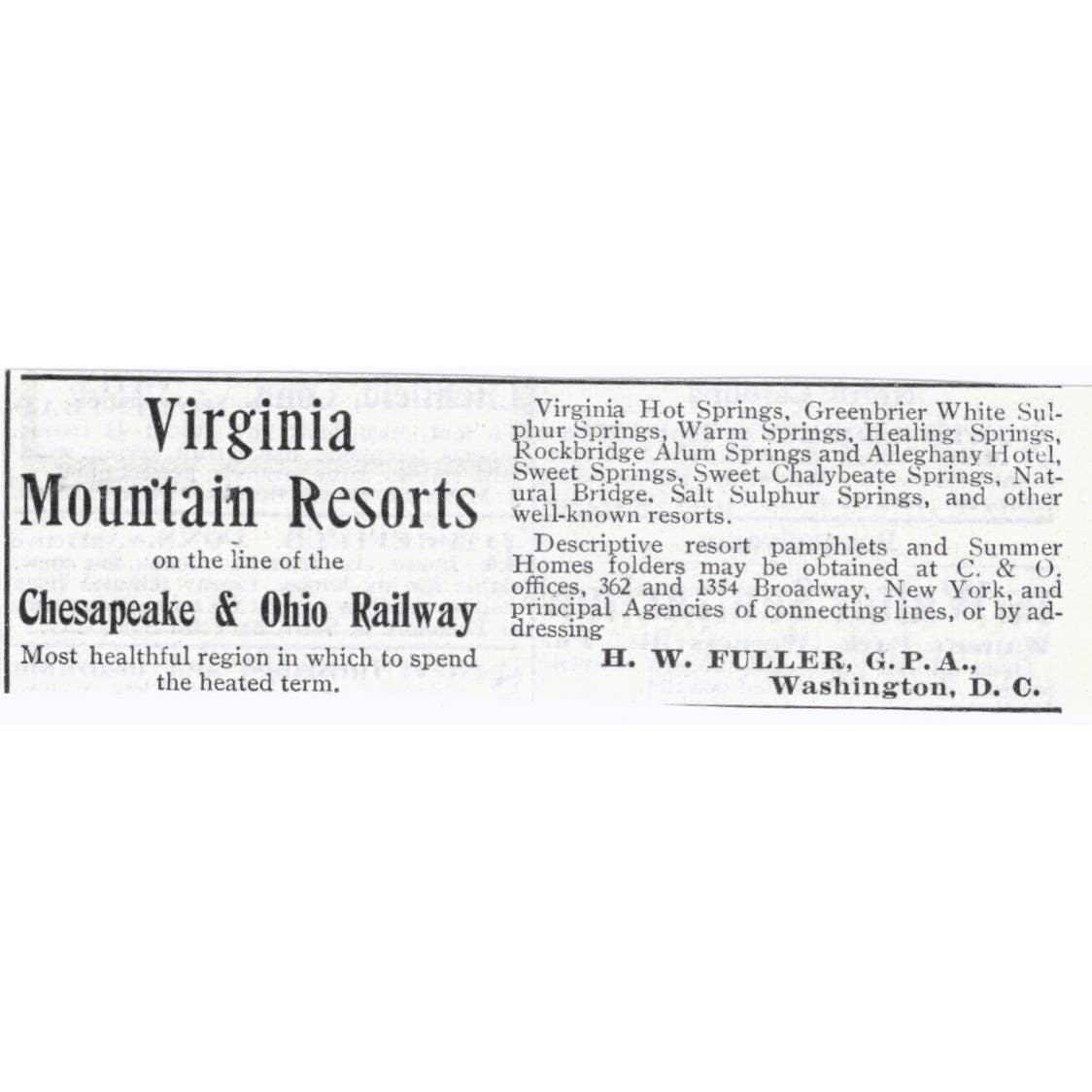 Virginia Mountain Resorts Chesapeake & Ohio RR H.W. Fuller - 1903 Ad TJ7-S9