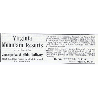Virginia Mountain Resorts Chesapeake & Ohio RR H.W. Fuller - 1903 Ad TJ7
