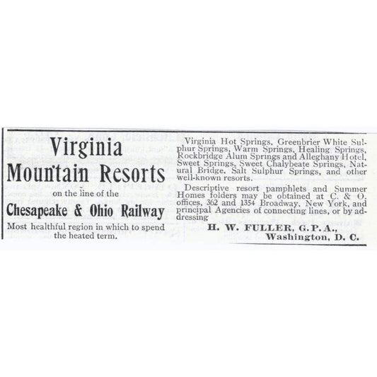 Virginia Mountain Resorts Chesapeake & Ohio RR H.W. Fuller - 1903 Ad TJ7