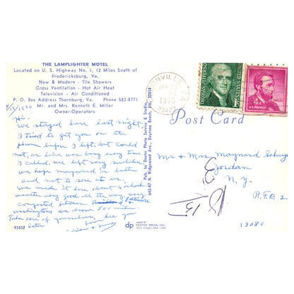 Vintage Postcard - The Lamplighter Motel - Fredericksburg Virginia AD9