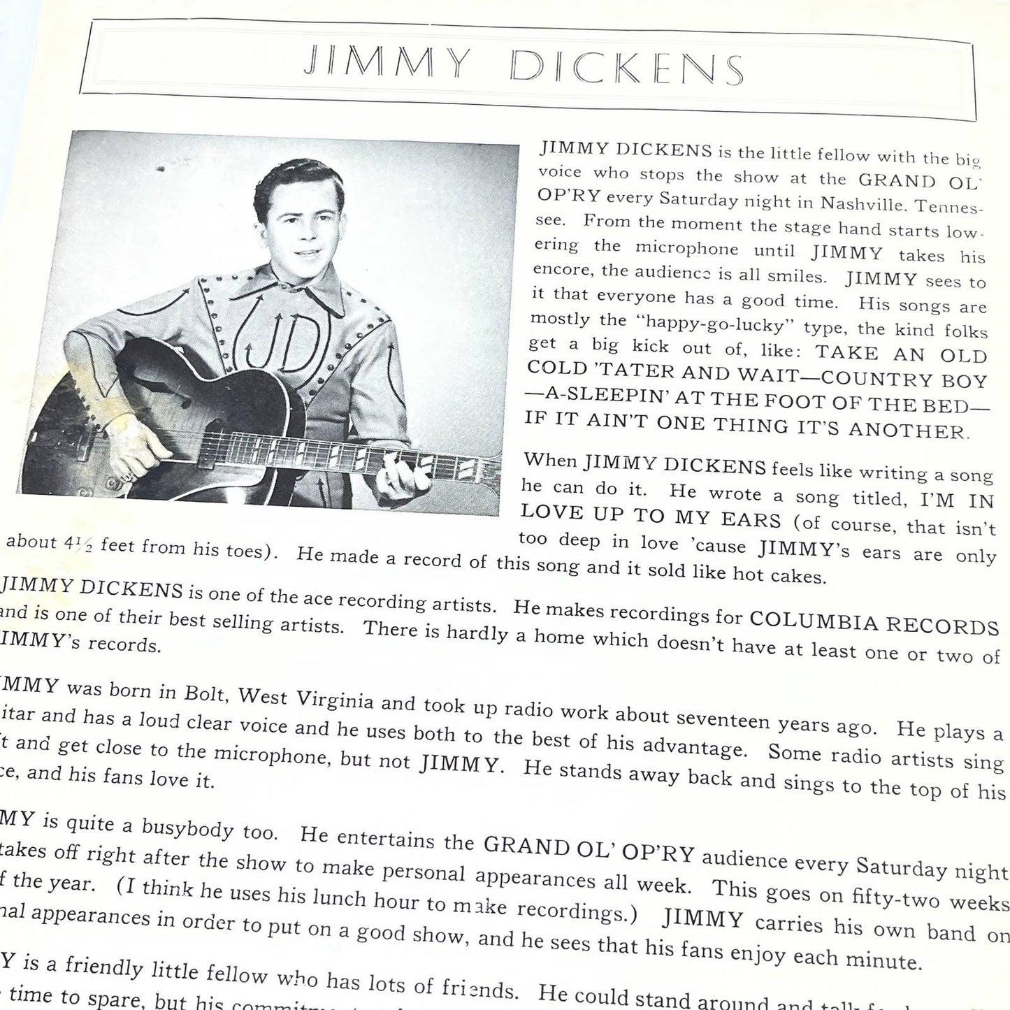 Original Autographed Little Jimmy Dickens Song Folio No. 1 Grand 'Ole Opry TG4