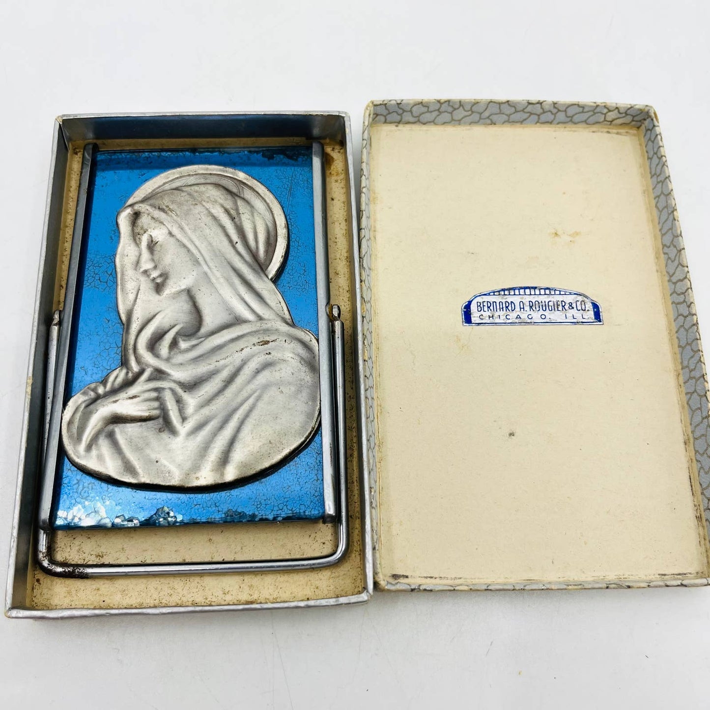 1920s Art Deco Metal Virgin Mary Madonna on Blue Glass Free Standing 4” TC3