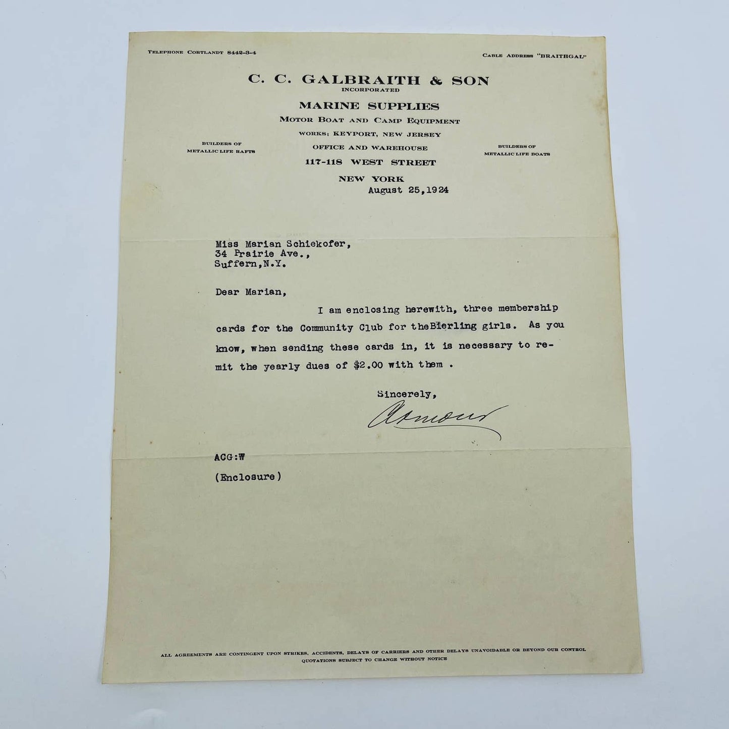 1924 C.C. Galbraith & Son Marine Supplies Keyport New Jersey Letterhead D6