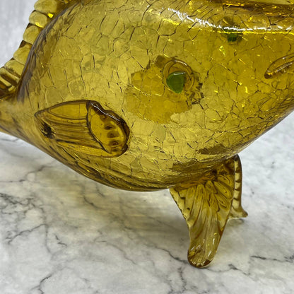 1960s MCM Hand-Blown Golden Honey Amber Crackle Glass Fish Decanter 17.5” TB4