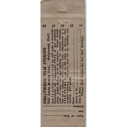 Vtg Matchbook Cover Hollywood Film Studios Photo Development California SE5-2