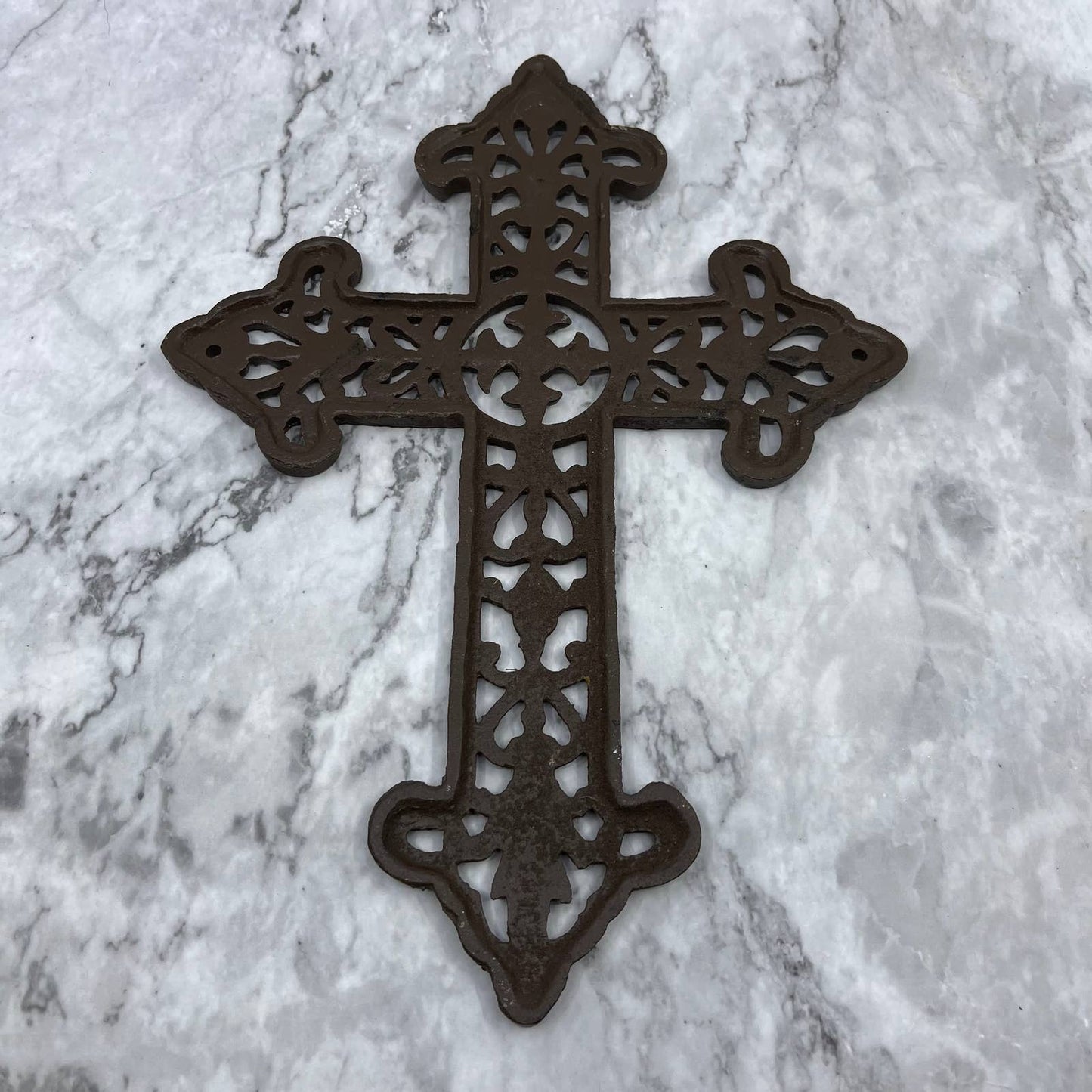 Vintage Heavy Cast Iron Victorian Fleur De Lis Wall Cross Rustic TJ6