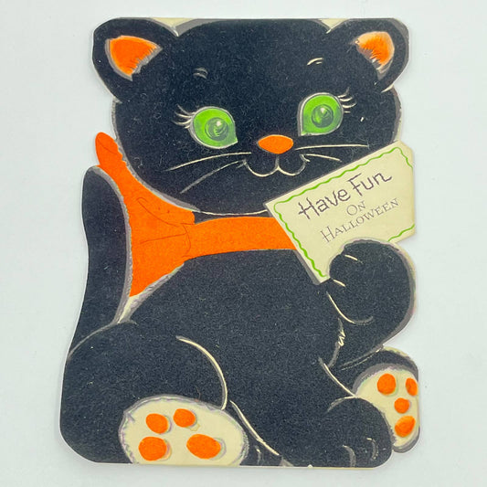 1970s Gibson Die Cut Flocked Stand Up Halloween Card Black Cat FL3