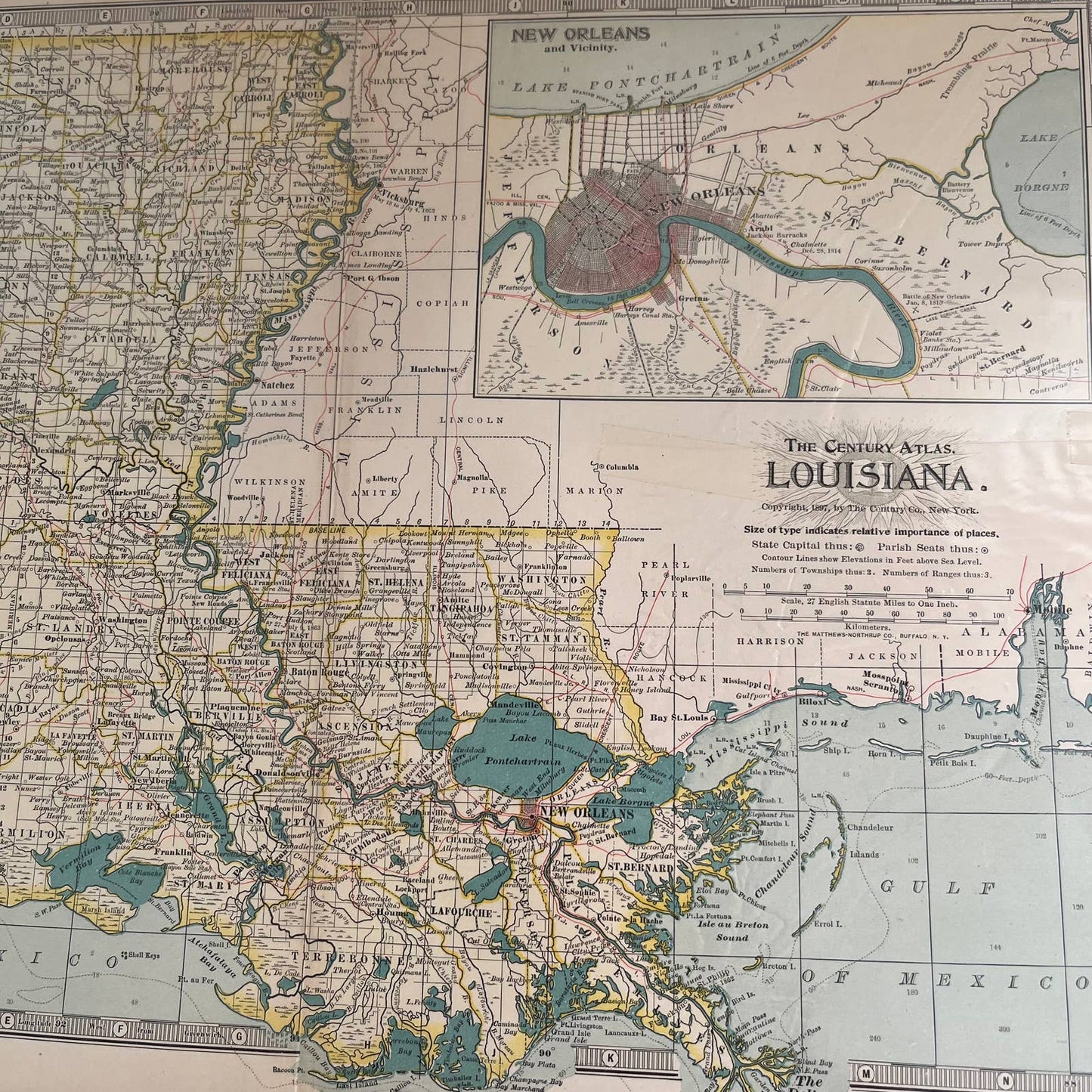 Antique 1897 The Century Atlas Map of Louisiana Color Engraved 12.5 x 17” FL5