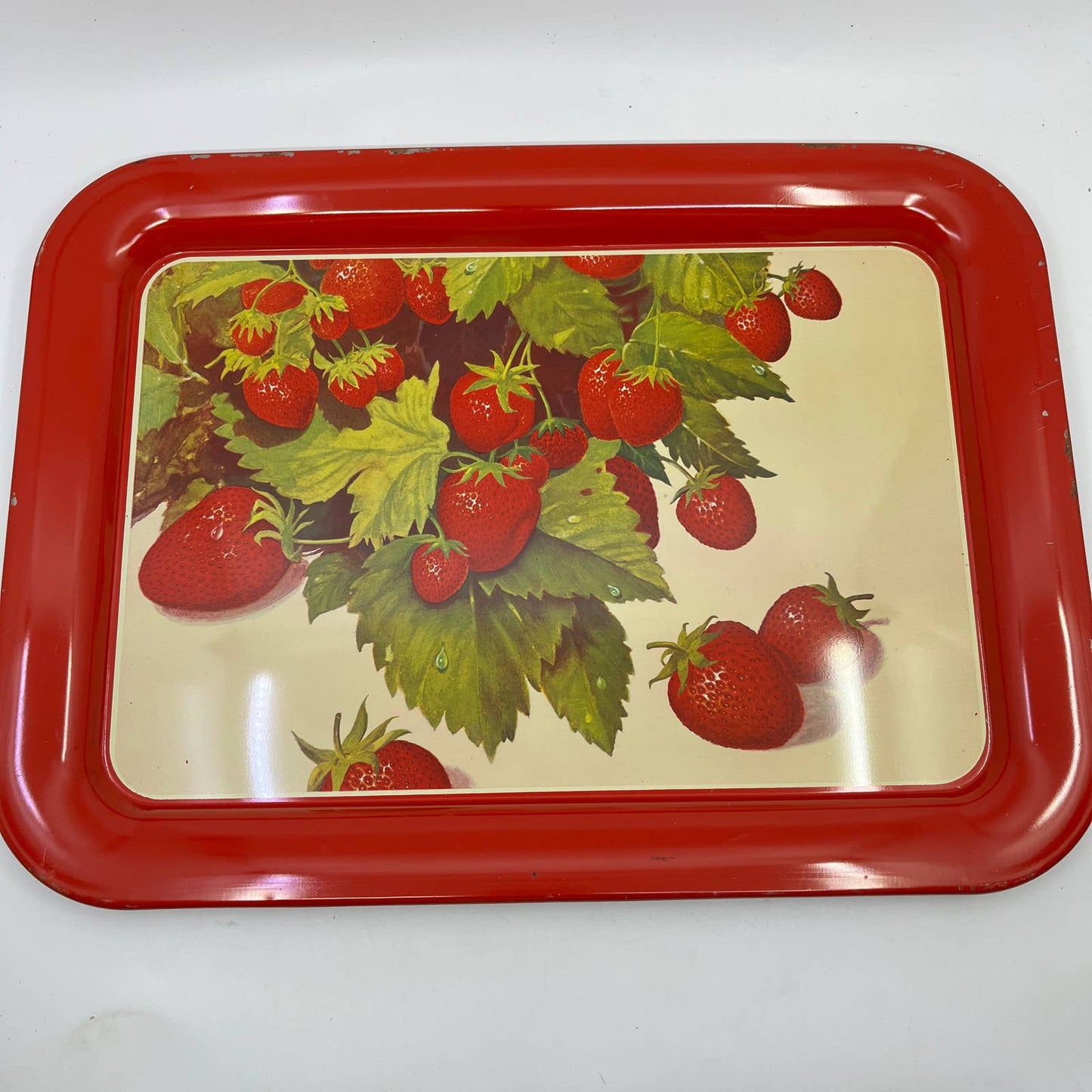 1940s Toleware Tin Enamel Strawberry Dinner Tray Set OF 4 - 17.5 x 13 TH2-2