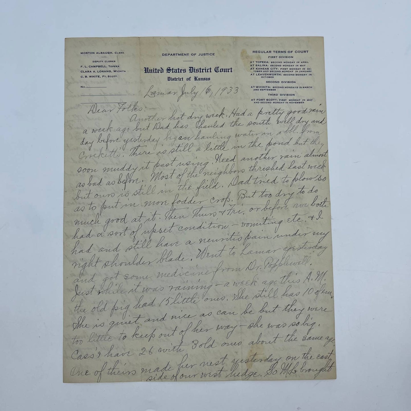 1933 Letterhead Handwritten Letter United States District Court Kansas AA6