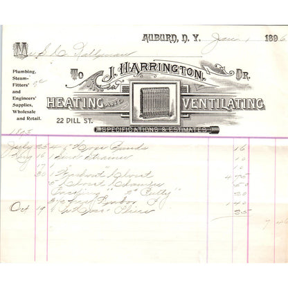 1896 Letterhead J. Harrington Heating and Ventilating Auburn NY AD4