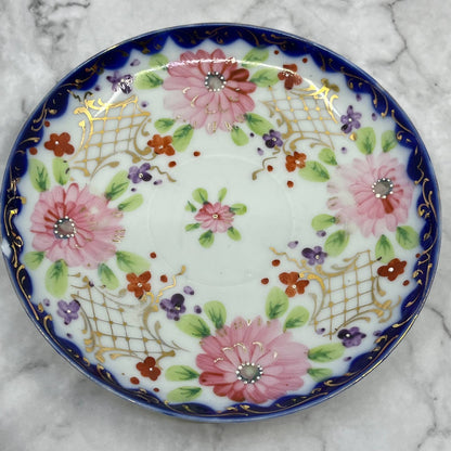 Vintage Hand Painted Bone China Blue & Gold w/ Pink Floral Tea Cup & Saucer TA7