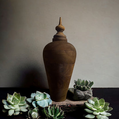 Large 18" Handmade Solid Wood Urn Vase With Finial Cap