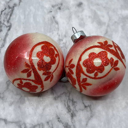Vintage Lot of 3 Shiny Brite Christmas Ornament 2 5/8” Mica Stencil Red TJ9