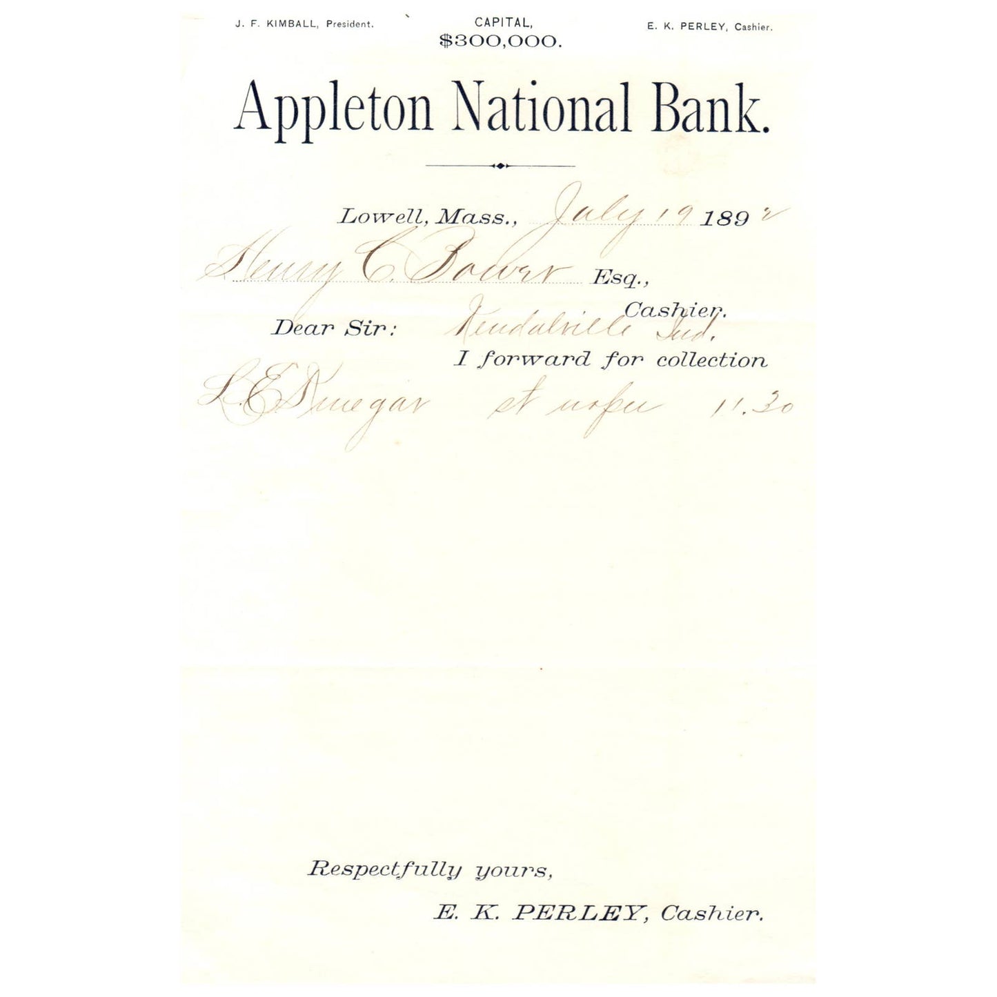 1892 Appleton National Bank Letterhead Billhed E.K. Perley Lowell MA AD8