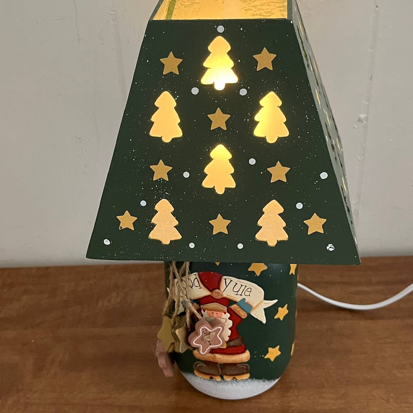 Vintage Christmas Mason Jar Table Lamp Santa Claus Star Wood Shade WORKS 10" TA4