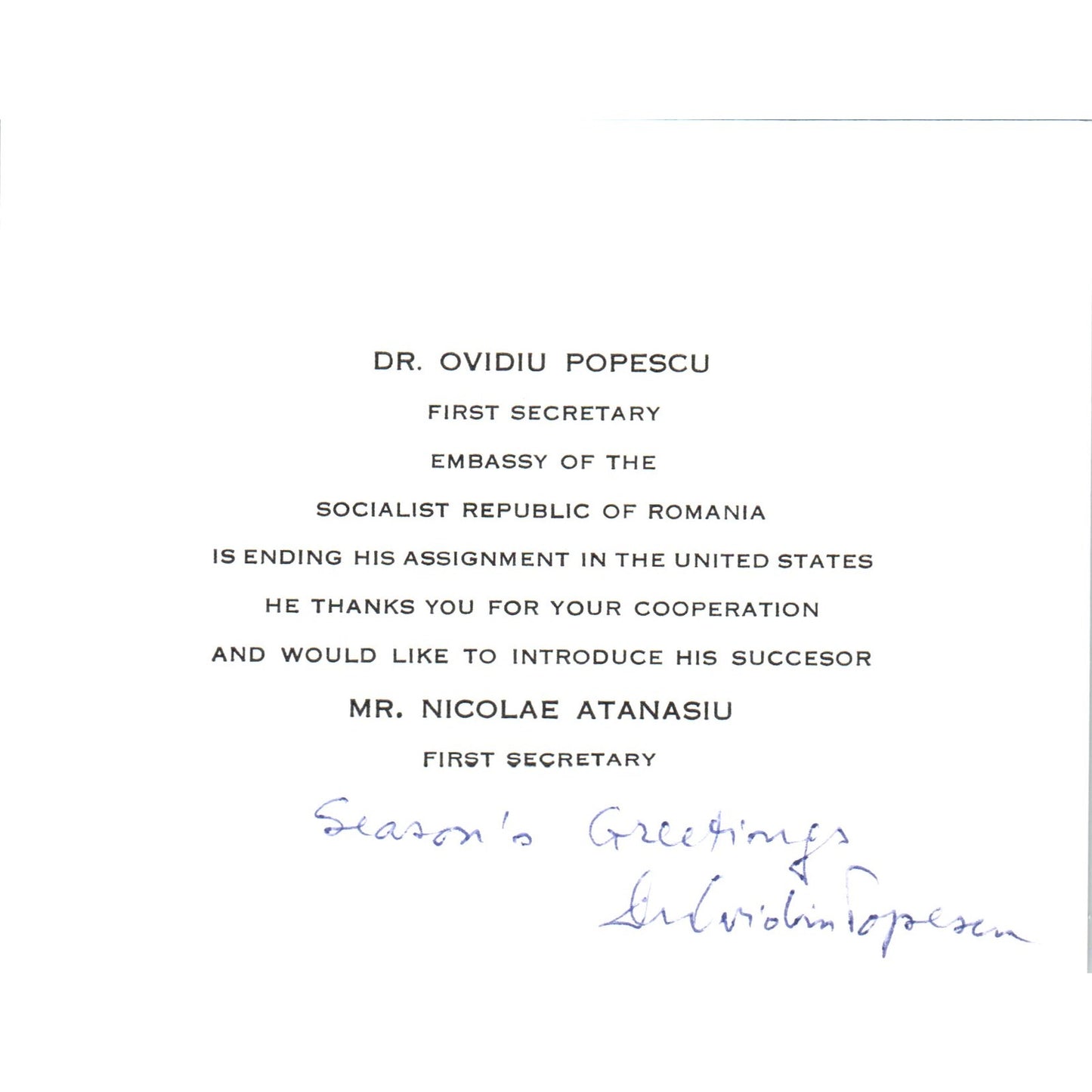 1960s New Romanian Ambassador Introduction Mr. Nicolae Atanasiu B15