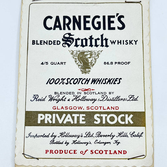 Carnegie’s Scotch Whiskey Label Glasgow Scotland Holloway’s Erlanger KY