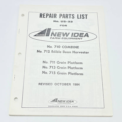 Original 1984 New Idea Repair Parts List US-33 710 Combine 712 Harvester TB9