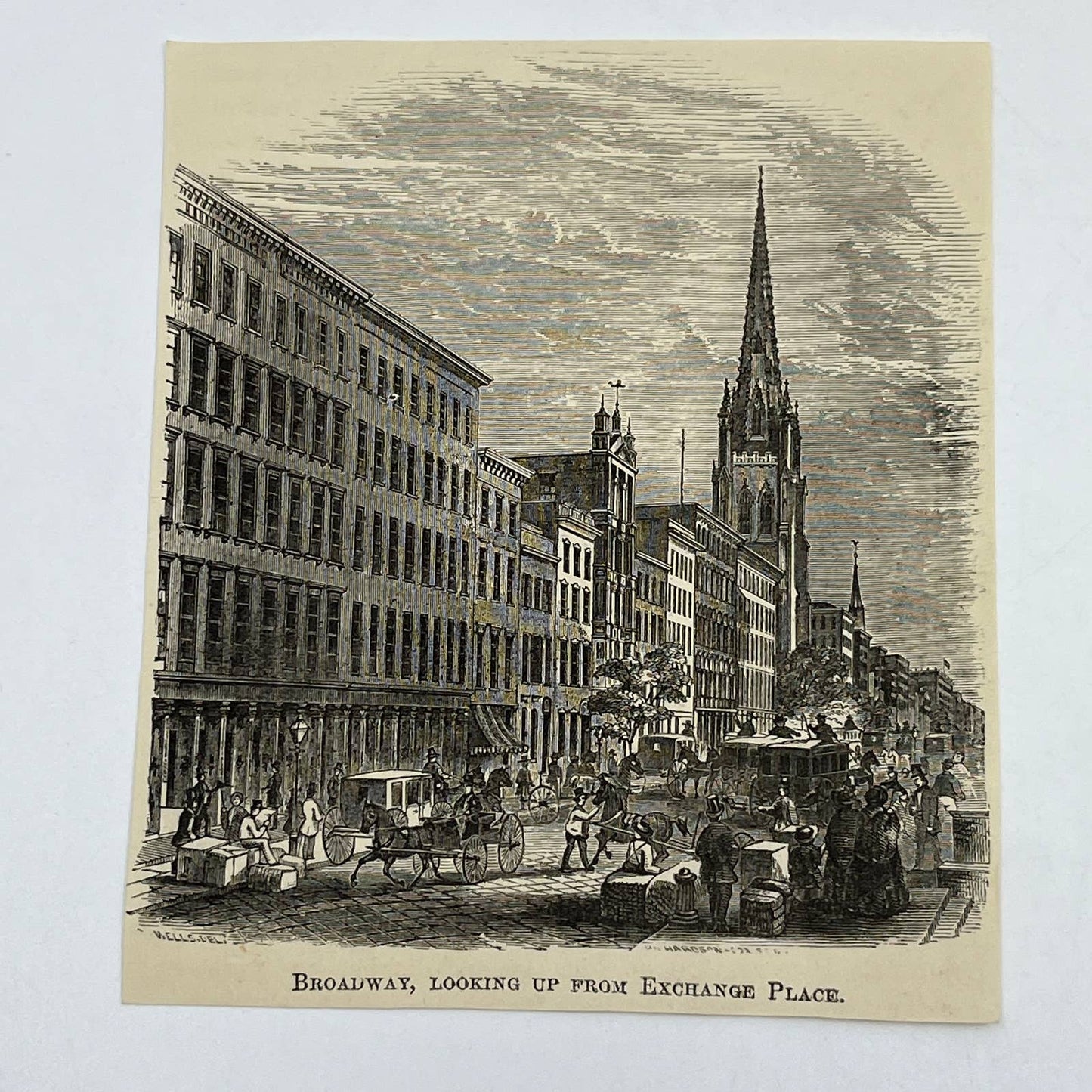 1880s Original Art Engraving Broadway, Looking Up From Exchange Place ~4x5" AC9