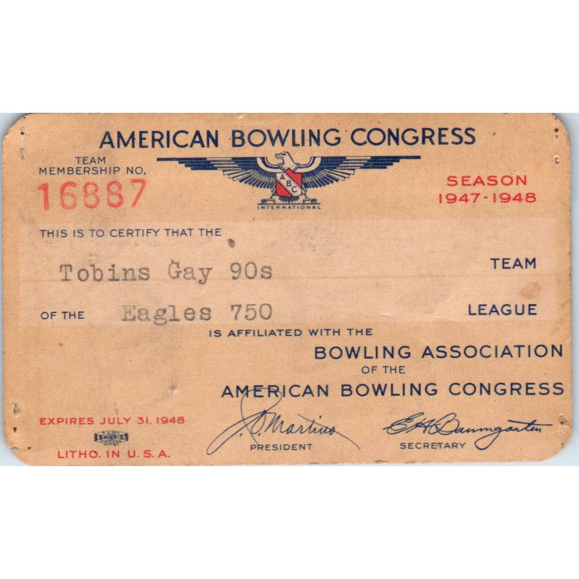 1947 American Bowling Congress Milwaukee Membership Card Eagles 750 SE5-2