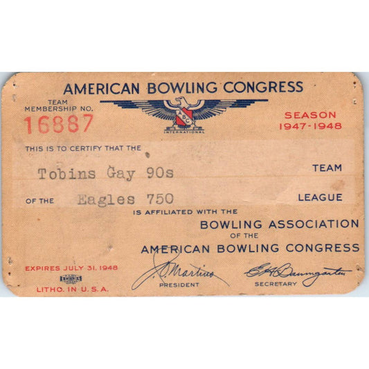 1947 American Bowling Congress Milwaukee Membership Card Eagles 750 SE5-2