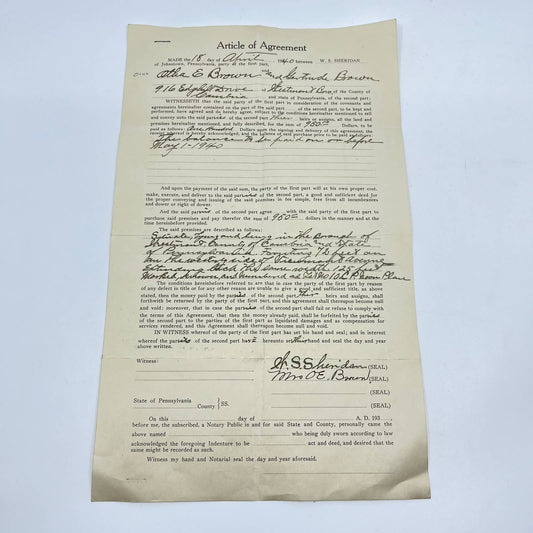 1940 Article of Agreement W.S. Sheridan Otho & Gertrude Brown Johnstown PA AA7