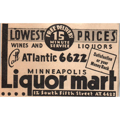 1935 Minneapolis Journal Newspaper Ad Minneapolis Liquor Mart So. 5th Ave FL5-6