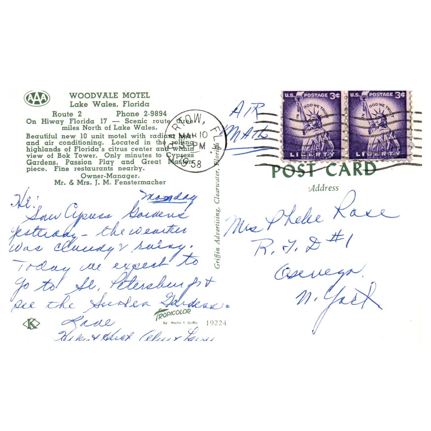 Vintage Postcard - Woodvale Motel Lake Wales Florida AD9