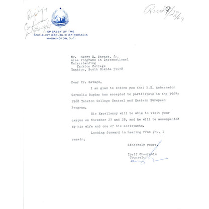 Embassy of The Socialist Republic of Romania Letterhead Memo 11/26/67 B16