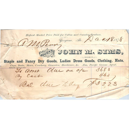 1878 Letterhead Billhead John M. Sims Dry Goods Georgiana AL AD6-3