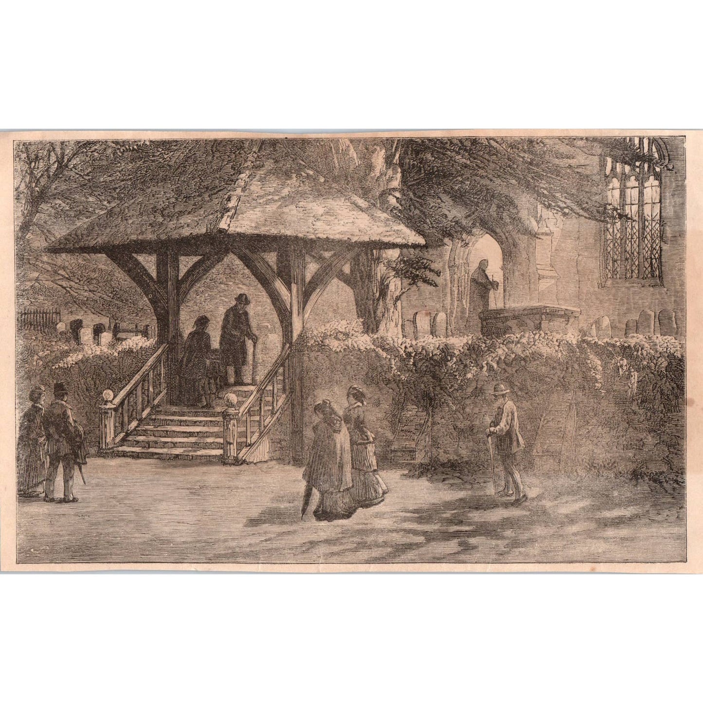 1878 Victorian Engraving - Townspeople Going to Church SF2