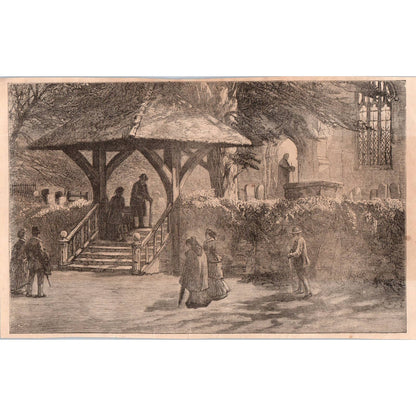 1878 Victorian Engraving - Townspeople Going to Church SF2