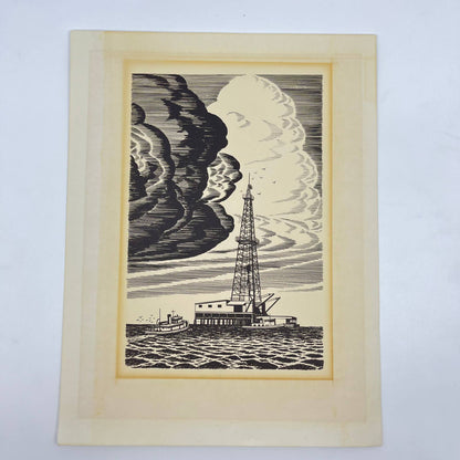 Vintage 1940s-50s Pencil Sketch Art Print Floating Oil Derrick Tugboat FL3