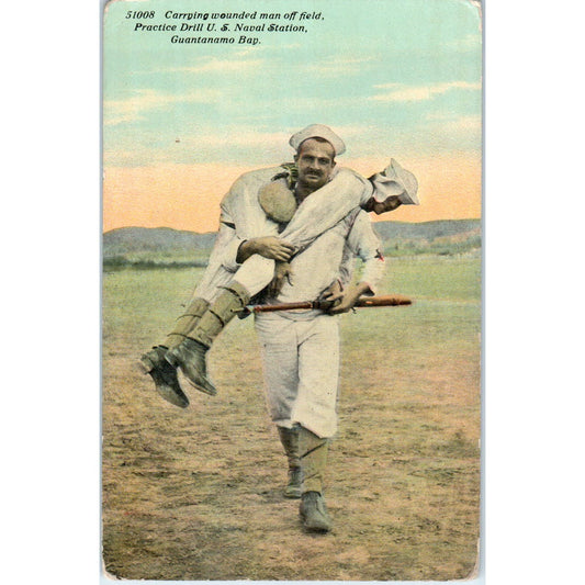 Antique Postcard Carrying Wounded Man Off Field Guantanamo Bay Cuba SE3-2