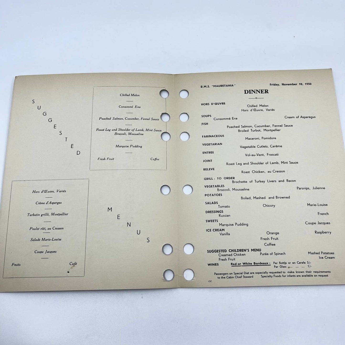 1953 Furness Bermuda Cruise Line Menu TSS Ocean Monarch Birds AB3