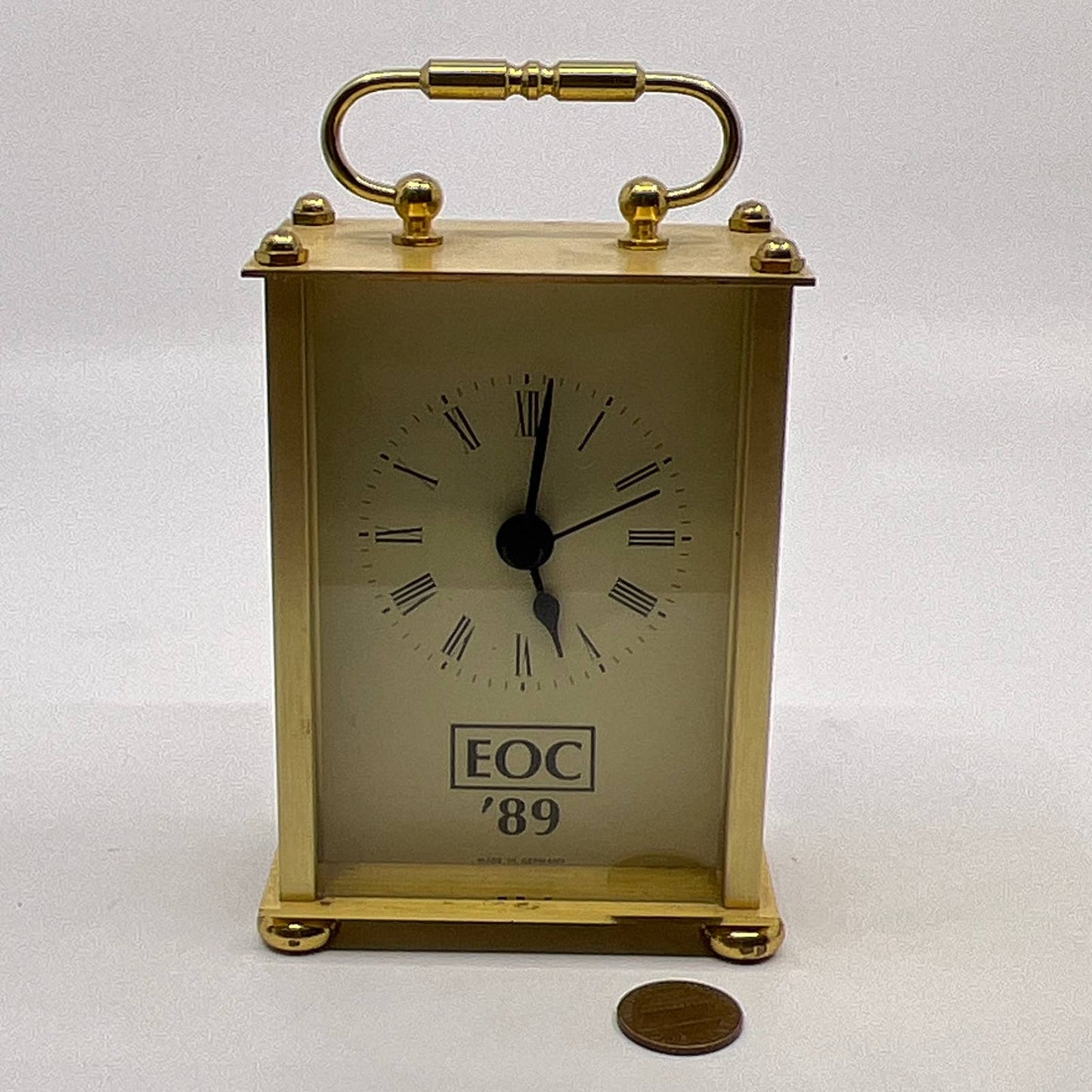 Vintage Brass Mini Clock EUC ‘89 Germany Quartz Mantel Carriage Case WORKS TH5