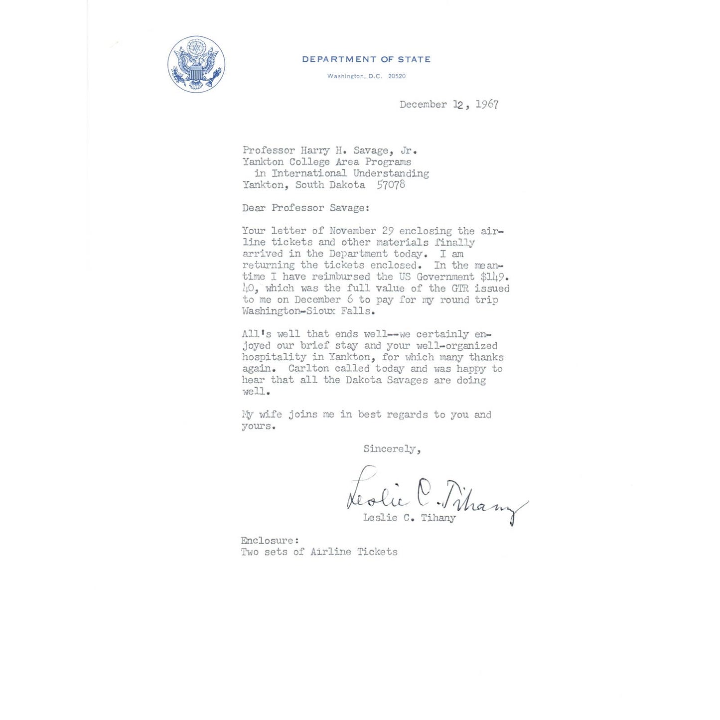 Official US Department of State Letterhead Memo Leslie C. Tihany 12/12/67 TK1-P7