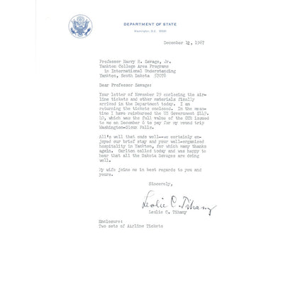 Official US Department of State Letterhead Memo Leslie C. Tihany 12/12/67 TK1-P7